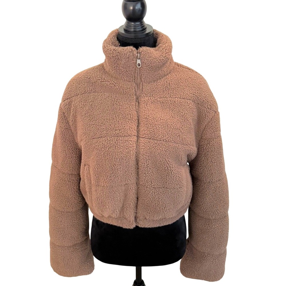 Brown Sherpa Puffer Jacket Cropped Zip Up Size M